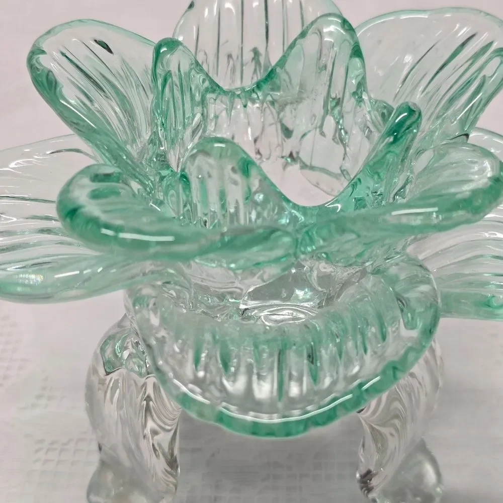 Vintage Teal Recycled Glass Footed Lotus Flower Candle Holder Art Deco Boho